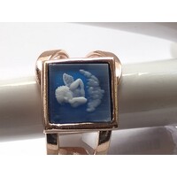 Anello  blu quadrato con angioletto, argento placcato-oro ,regolabile