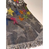 Sciarpa- stola in pura lana, indiana, grigia con stelle colorate