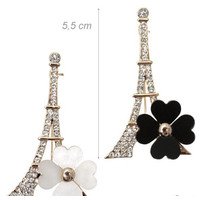 Spilla torre Eiffel con fiore bianco, in metallo e strass